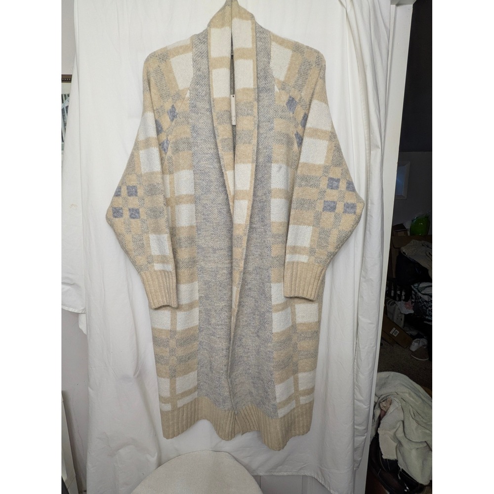 A New Day Women's XL Long Plaid Cardigan Sweater Cream Gray Open Front NWT - Picture 2 of 8